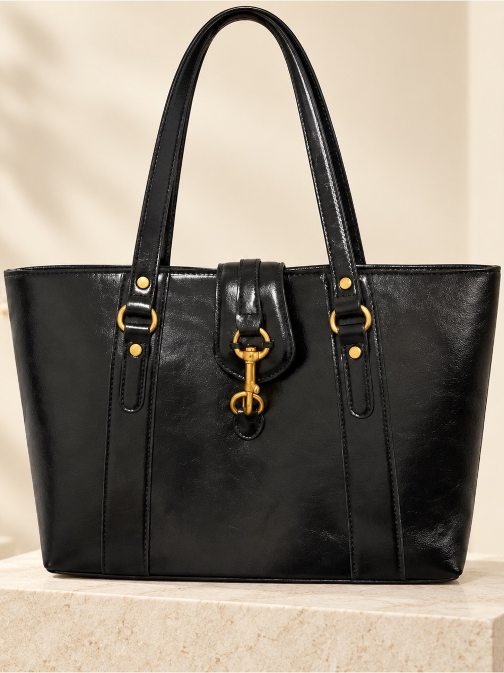 Antik Kraft Black Shoulder Tote with Gold Hardware